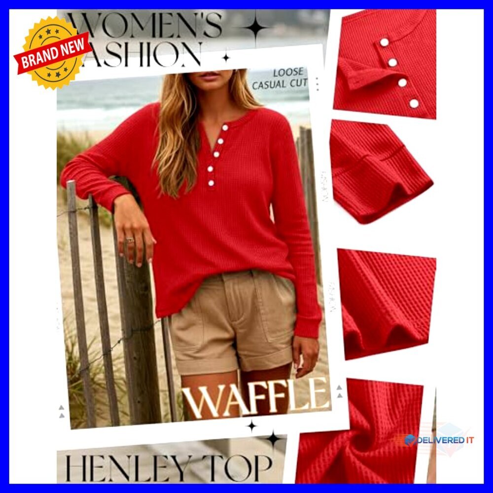 Oversized Waffle Knit Henley Top Long Sleeve V-Neck Button Up Sweater - Picture 5 of 6